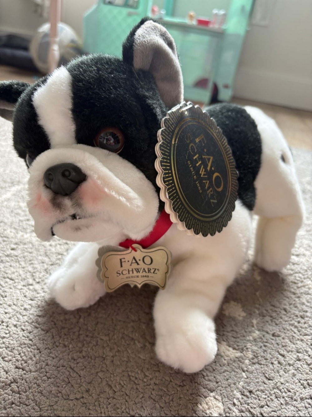 FAO Schwarz Black & White Plush French Bulldog Toy with Red Collar